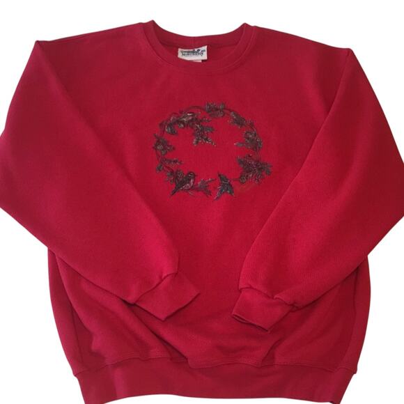 Northern Reflections Red Sweatshirt Wreath Birds Pine Cones M - Picture 1 of 3